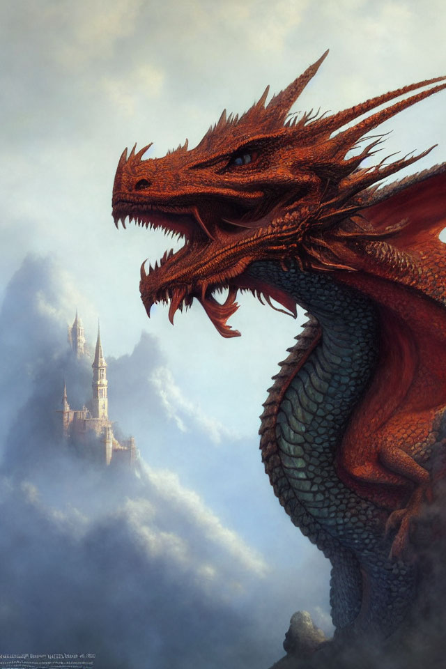 Red dragon and misty castle fantasy scene