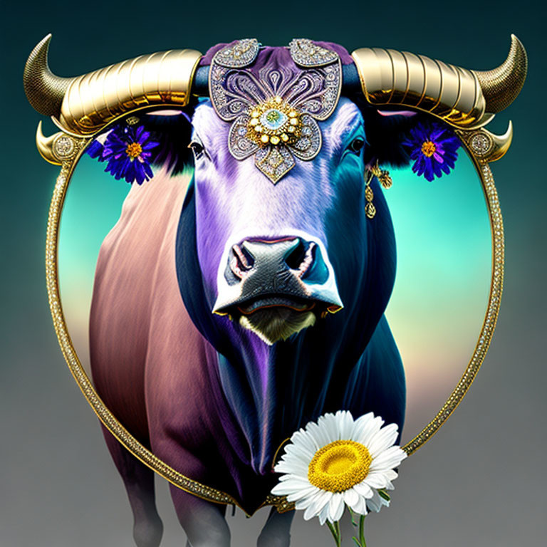 Stylized bull with golden horns and jewel on forehead on gradient background