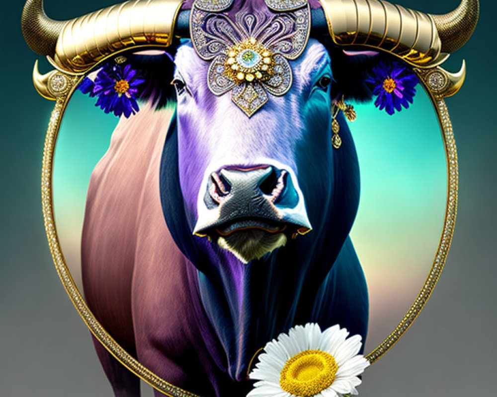 Stylized bull with golden horns and jewel on forehead on gradient background