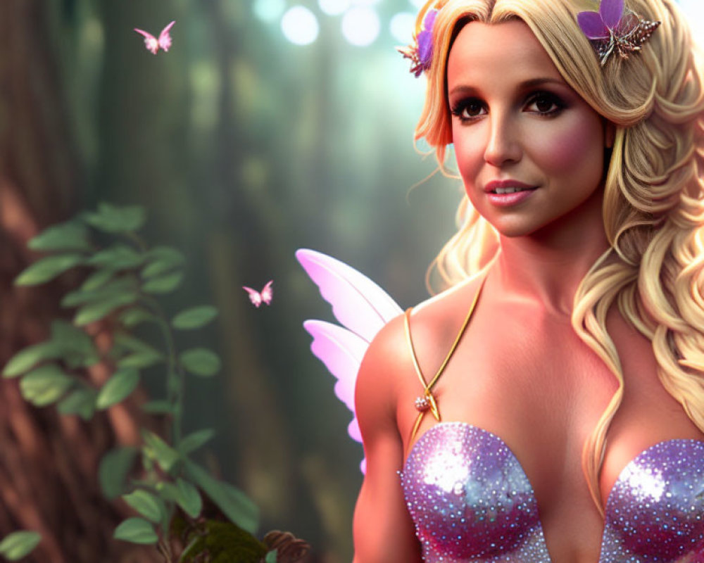 Blonde fantasy fairy with iridescent wings and butterflies in enchanted forest