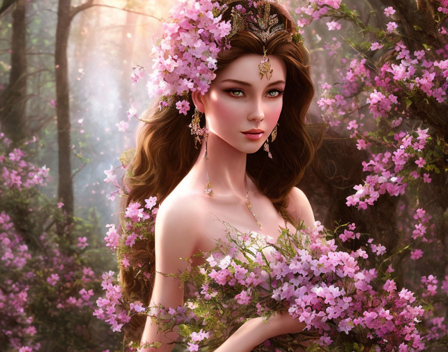 Fantasy portrait: Woman with floral crown in mystical forest