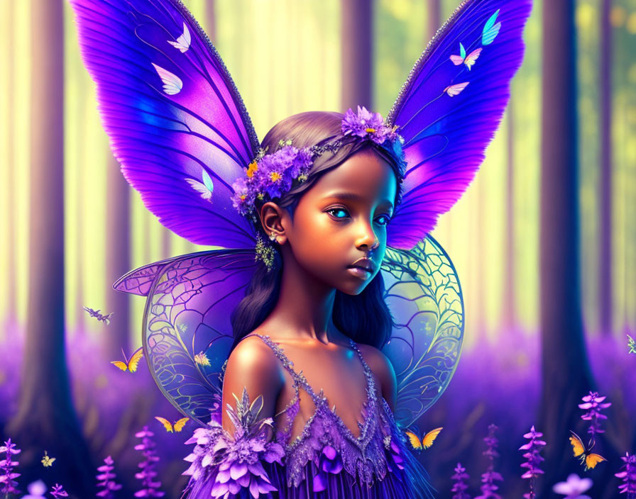 Vibrant purple-winged fairy in forest with butterflies