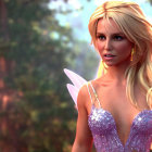 Blonde fantasy fairy with iridescent wings and butterflies in enchanted forest