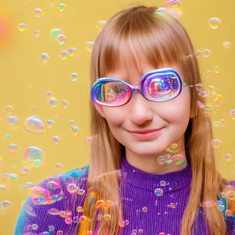 Smiling person with bangs in tinted sunglasses surrounded by bubbles on yellow background