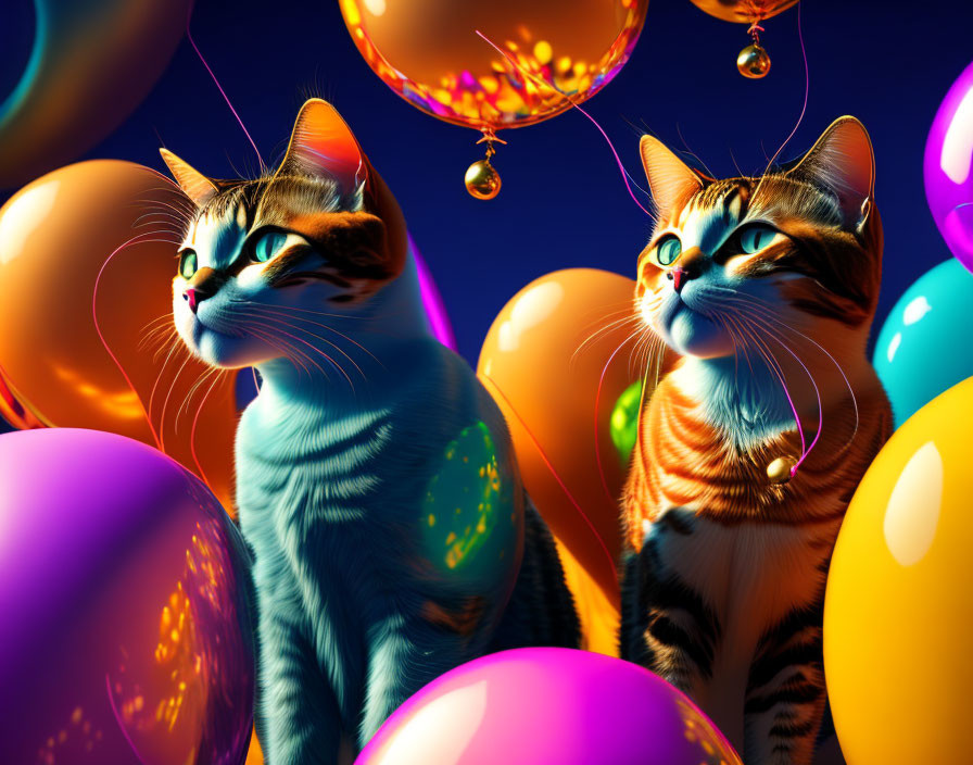 Colorful Digital Art: Vibrant Cats and Balloons in Whimsical Scene