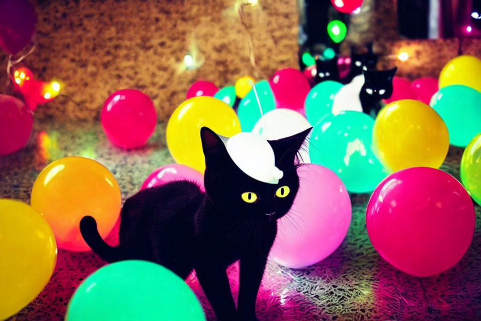 Black Cat with Yellow Eyes Among Colorful Balloons and Festive Lights