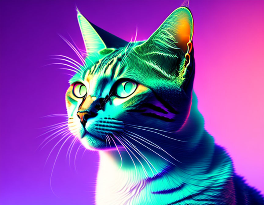 Colorful Neon Cat Artwork on Purple Background