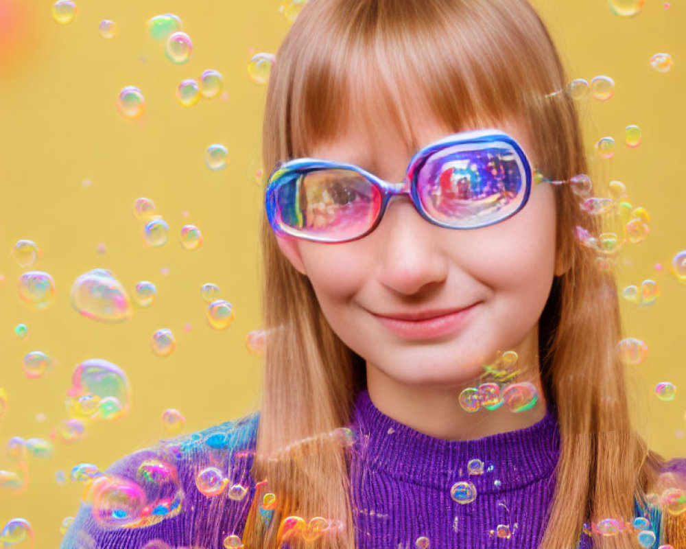 Smiling person with bangs in tinted sunglasses surrounded by bubbles on yellow background