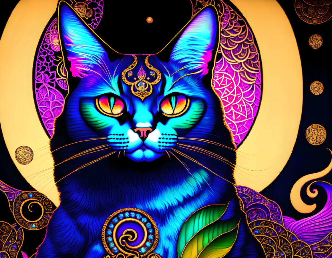 Majestic blue cat with gold patterns and mystical ornament on golden background