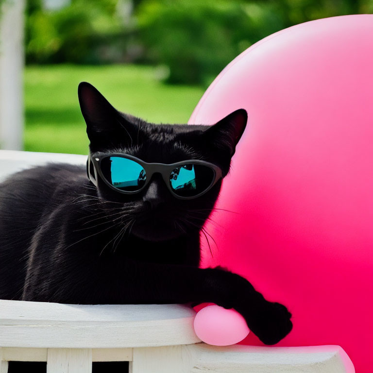 Black Cat with Sunglasses and Pink Balloon on White Surface