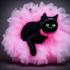 Black Cat with Green Eyes in Pink Tutu and Flower Collar on Dark Background