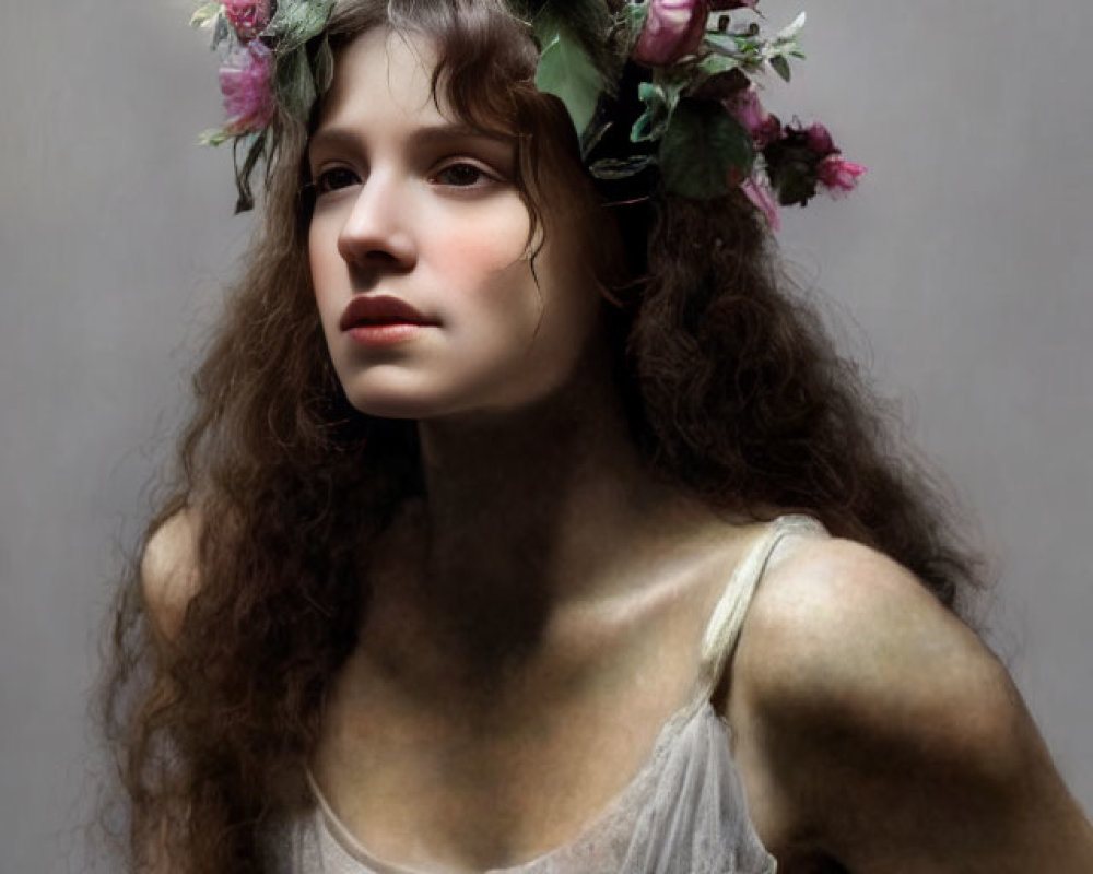 Curly-Haired Woman in Floral Wreath and Vintage Dress Portrait