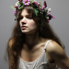 Curly-Haired Woman in Floral Wreath and Vintage Dress Portrait