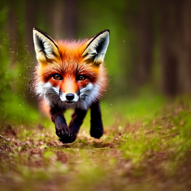 Red fox running in green forest, fur sharply focused.