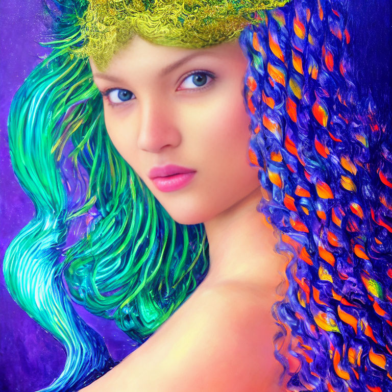 Colorful Digital Portrait of Person with Blue and Purple Hair and Green Head Accessory