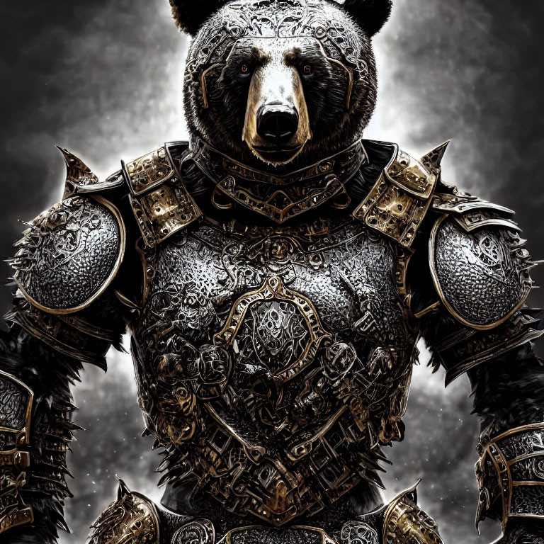 Bear in Medieval Armor Standing Under Cloudy Sky