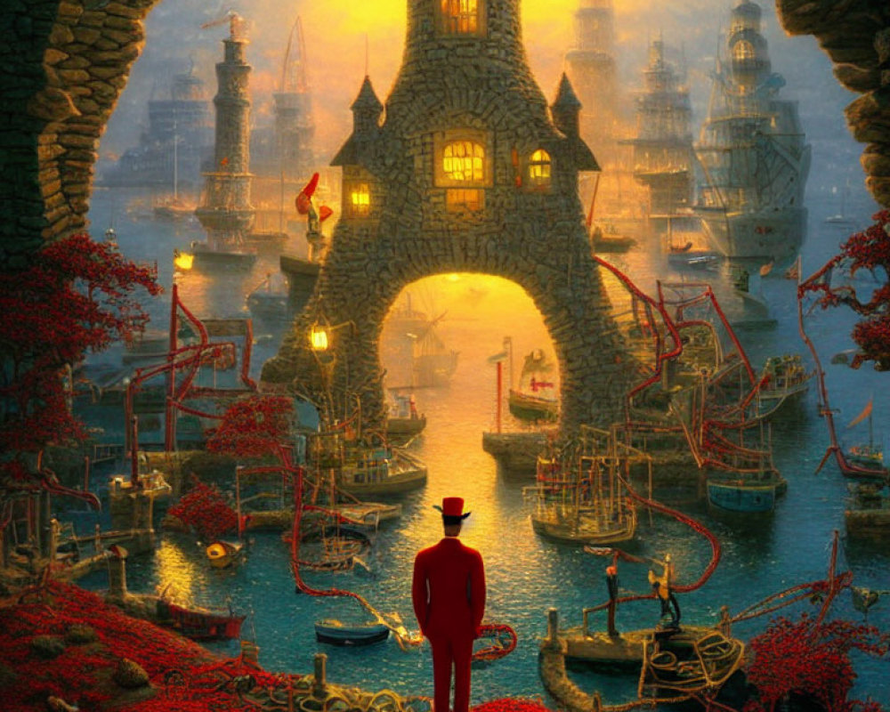 Person in red coat at vibrant port with ships and arch under golden light