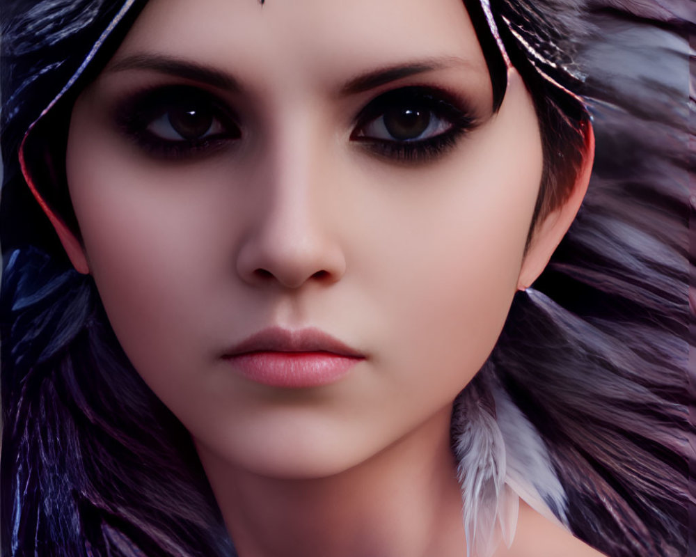 Intense stare of woman with dark eye makeup and feather accessories