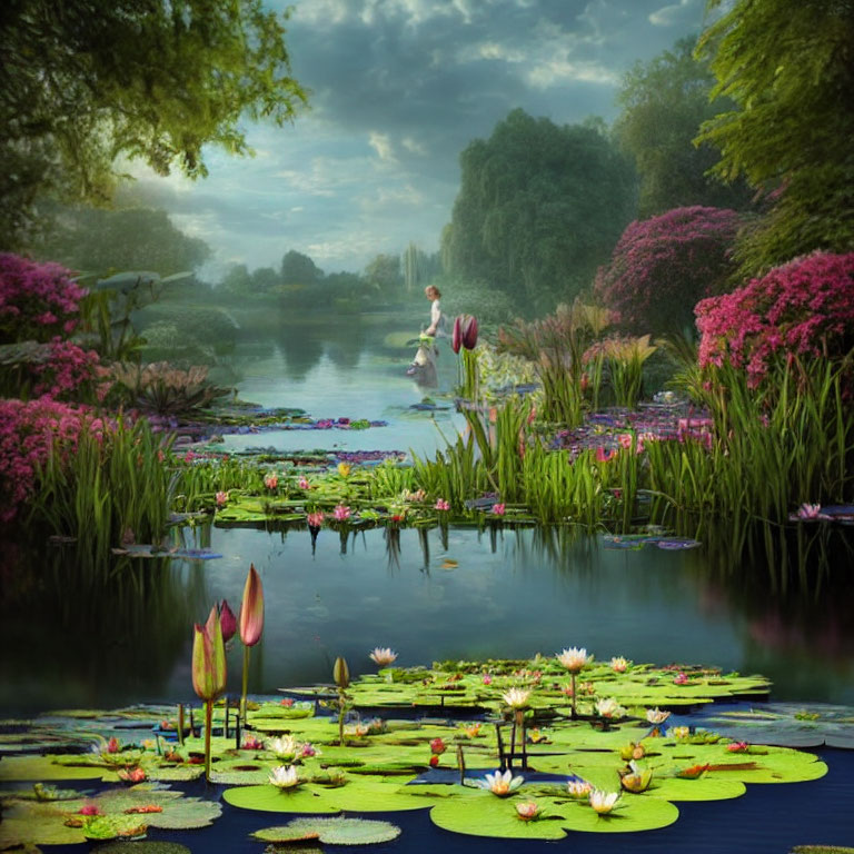 Tranquil landscape with person on boat among water lilies and vibrant flora at twilight