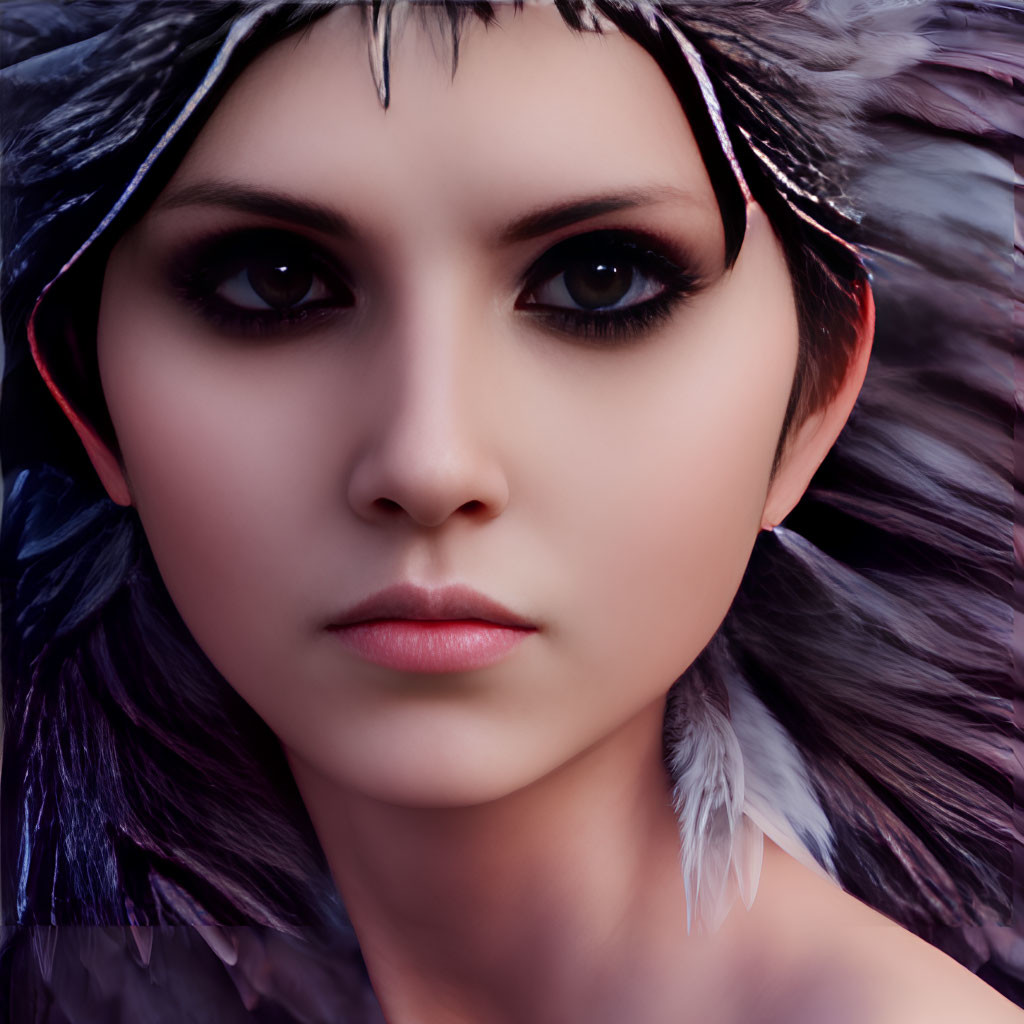 Intense stare of woman with dark eye makeup and feather accessories