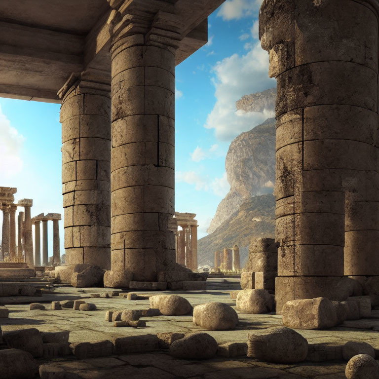 Ancient stone pillars and ruins with mountain and erupting volcano in the background