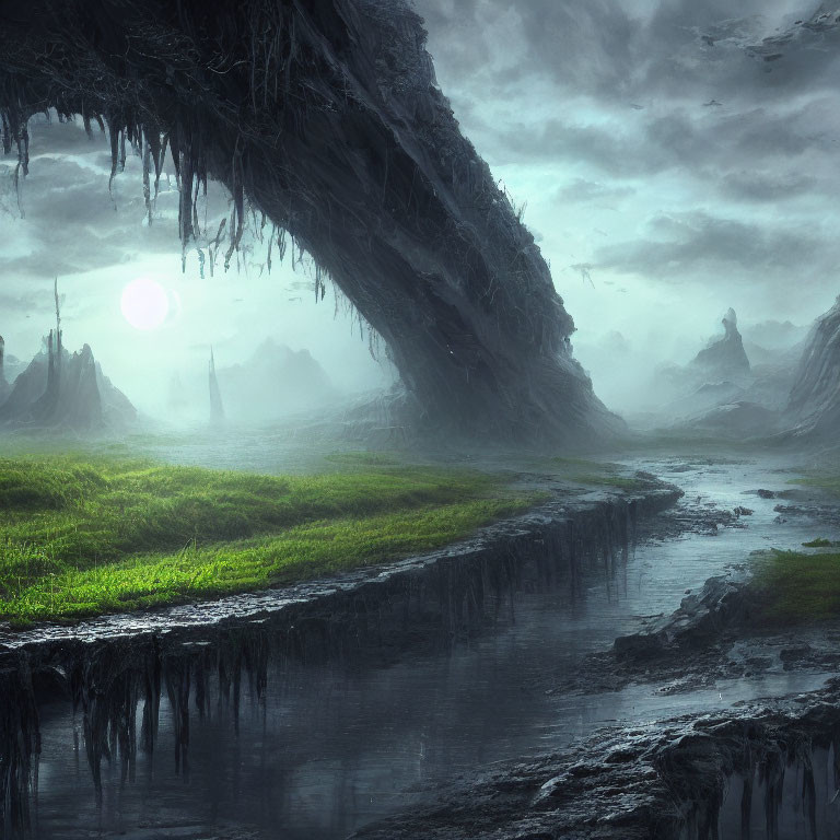 Ethereal landscape with menacing rock overhang and winding river