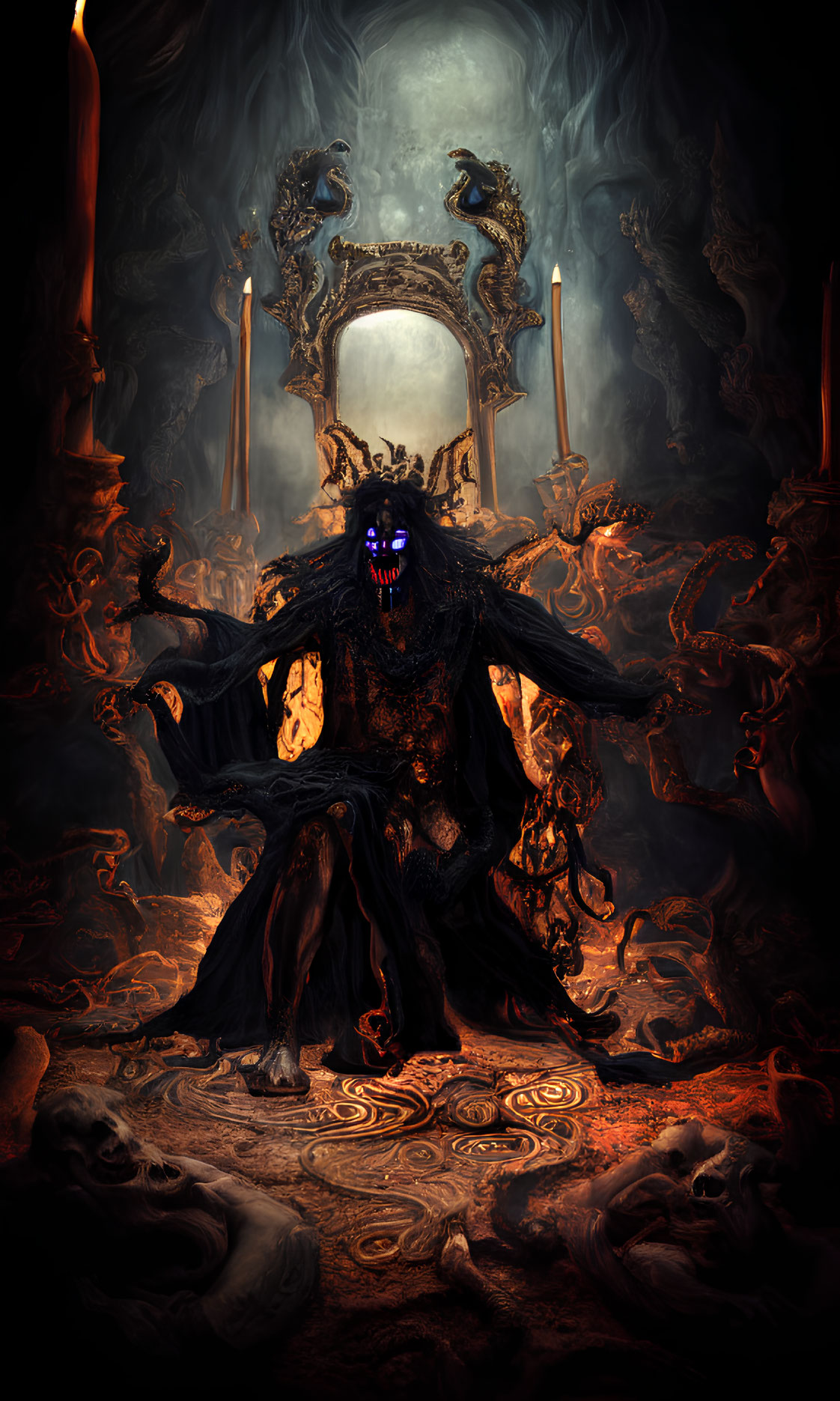 Dark Figure with Glowing Eyes on Ornate Throne in Shadowy Chamber