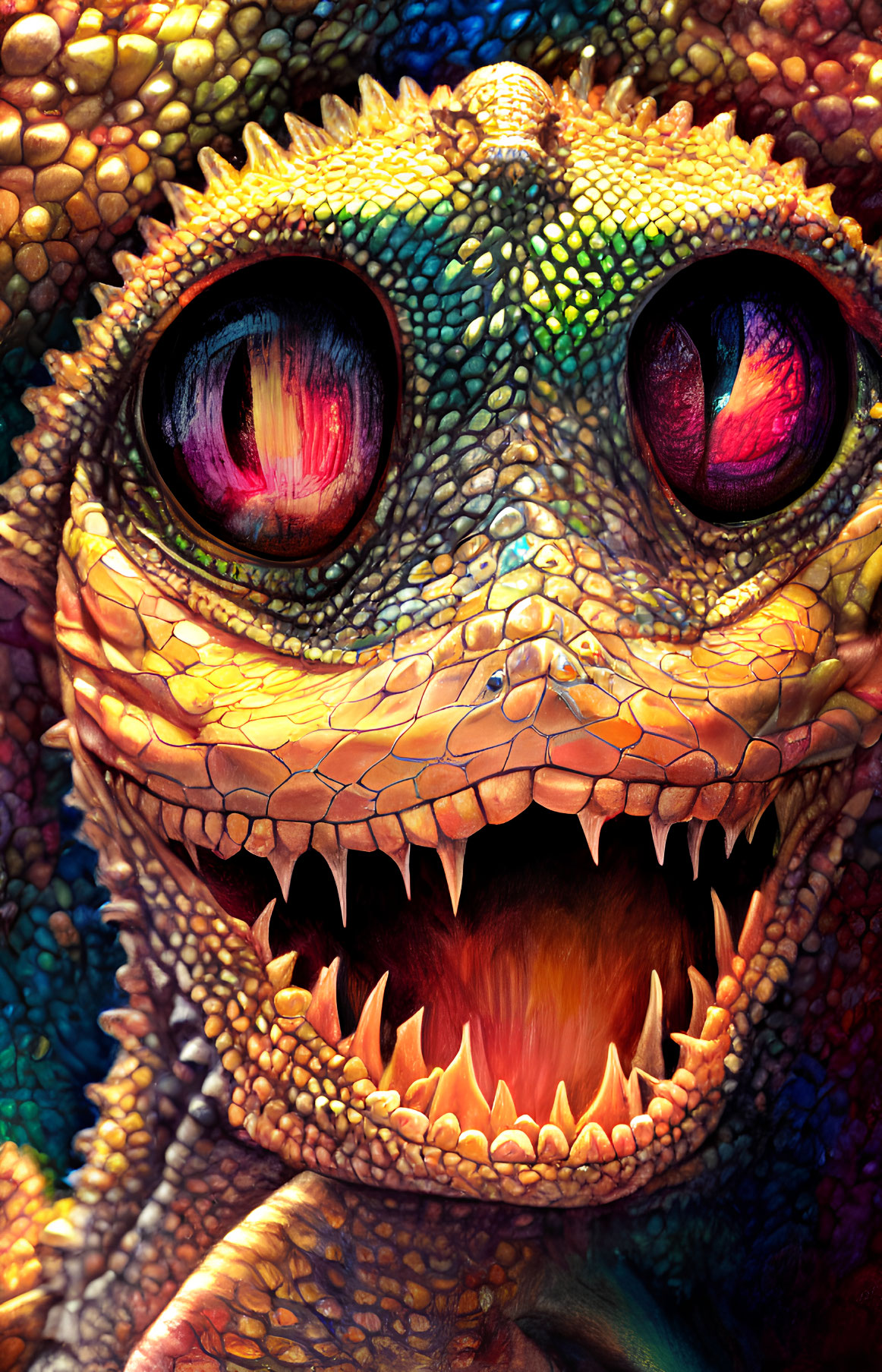 Detailed image of a vibrant, multicolored dinosaur with sharp teeth and red eyes