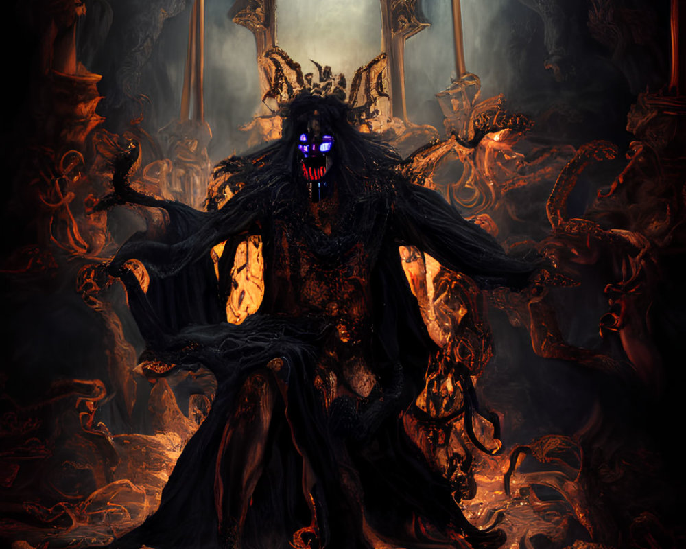 Dark Figure with Glowing Eyes on Ornate Throne in Shadowy Chamber