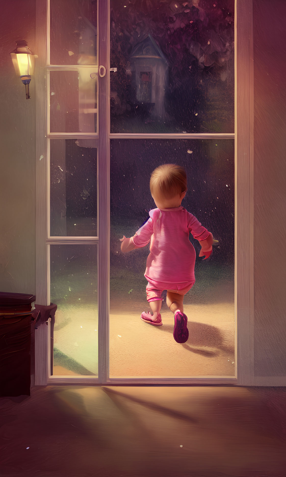 Toddler in Pink Outfit at Open Door Facing Glowing Sunset