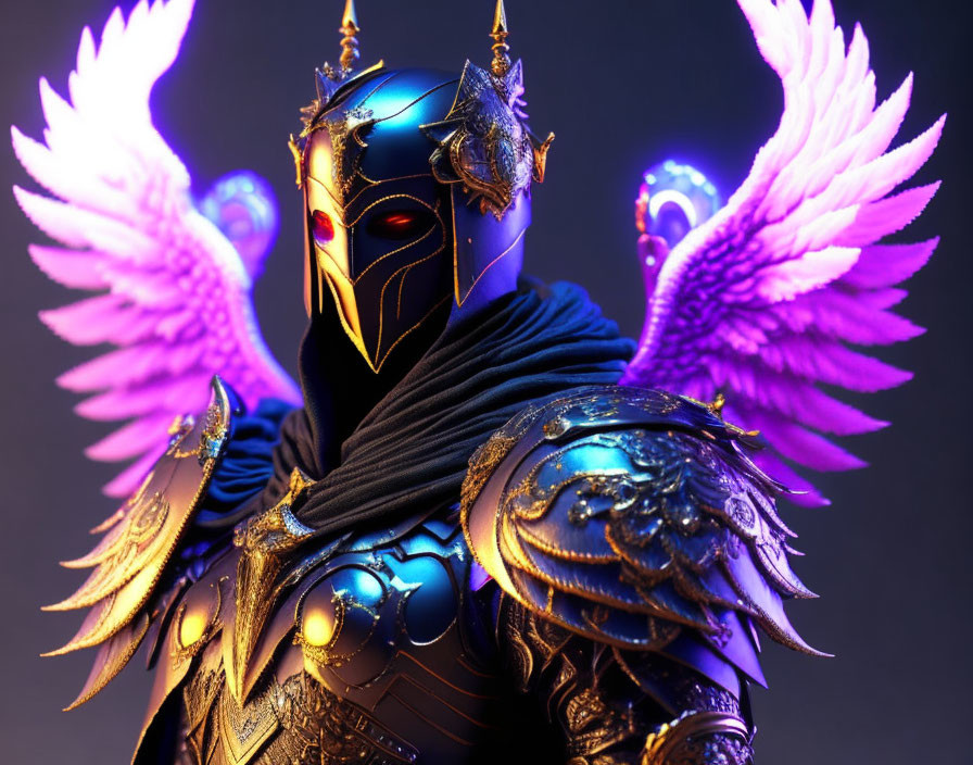 Golden armored figure with purple wings on dark background