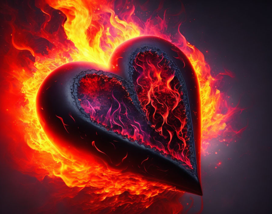 Digital artwork: Fiery heart in flames on dark red background