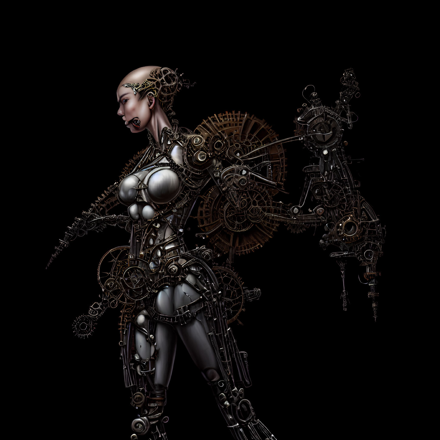 Female steampunk android with gears on dark background