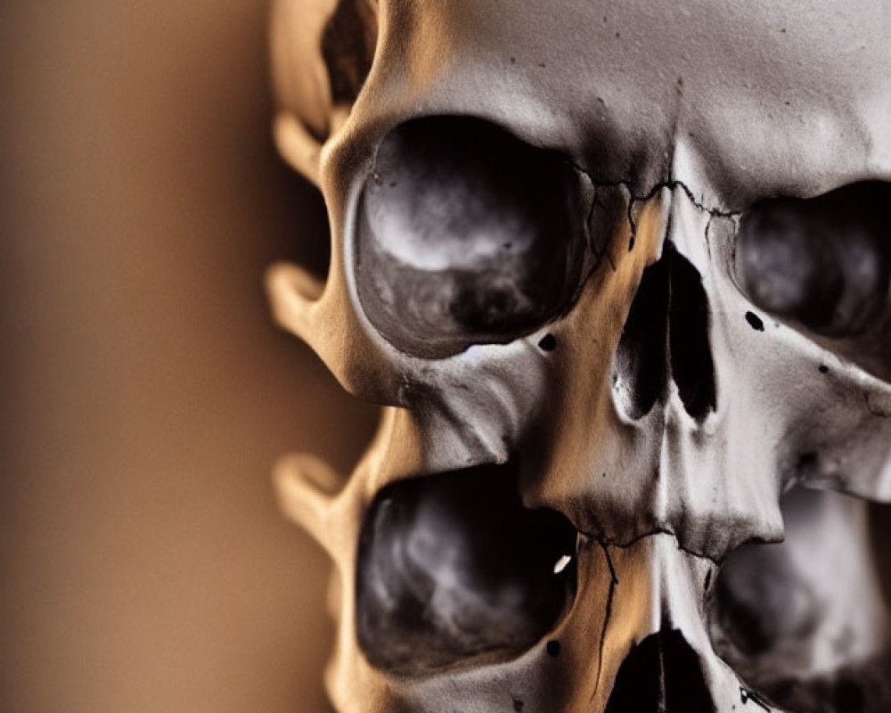 Detailed view of human skull eye sockets and nasal cavity against blurred background