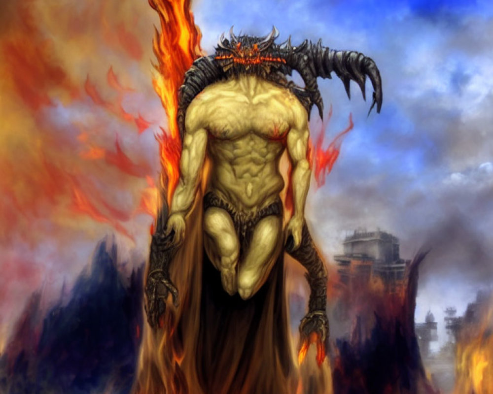 Muscular creature with horned crown in fiery landscape.