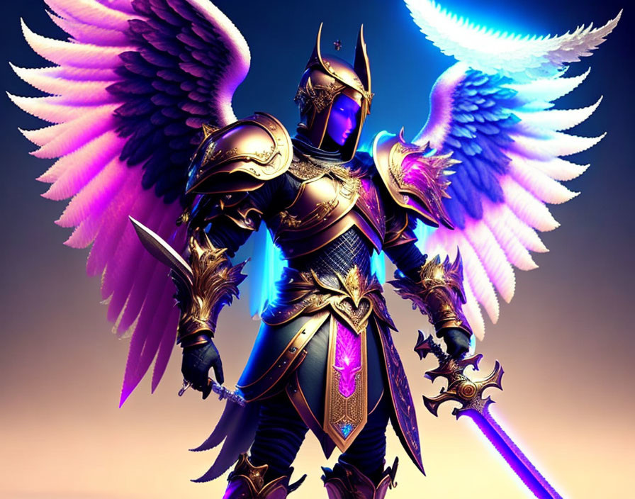 Armored figure with luminous wings and glowing sword on gradient background