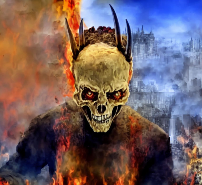 Menacing skull with horns in flames over blurred cityscape.