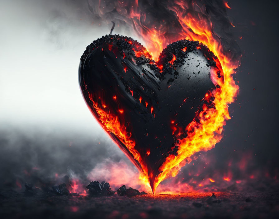 Heart-shaped object engulfed in fiery flames on dark background symbolizing intense emotion