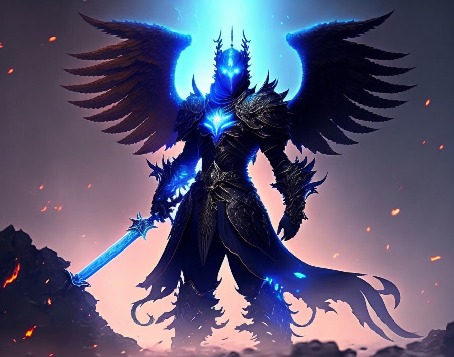 Armored warrior with wings holding glowing sword in mystical setting