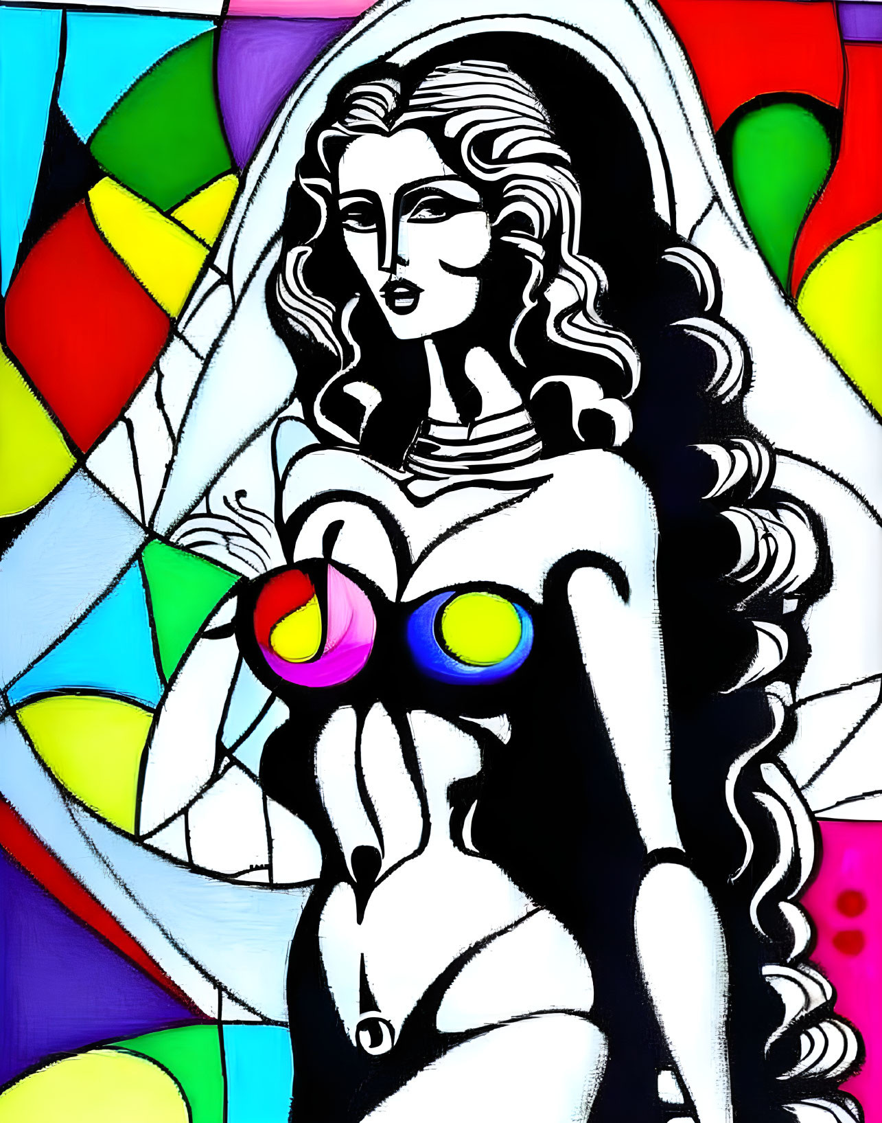 Vibrant stained glass art style of a woman with flowing hair