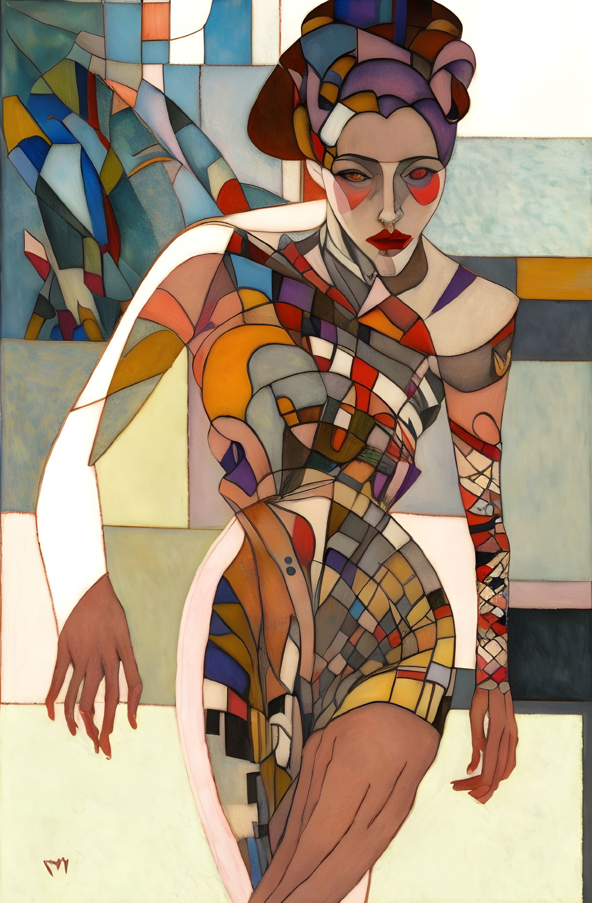 Colorful Cubist Portrait with Geometric Patterns & Abstract Background