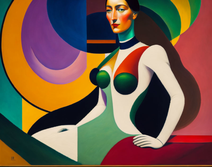 Vibrant Abstract Painting of Stylized Woman with Geometric Shapes