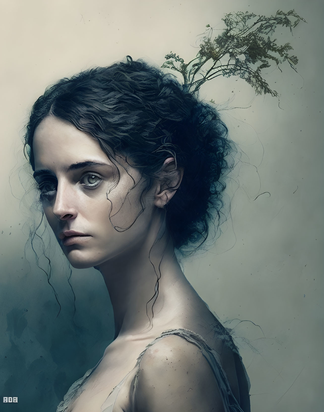 Detailed portrait of woman with plants in hair, melancholic expression & textured skin.