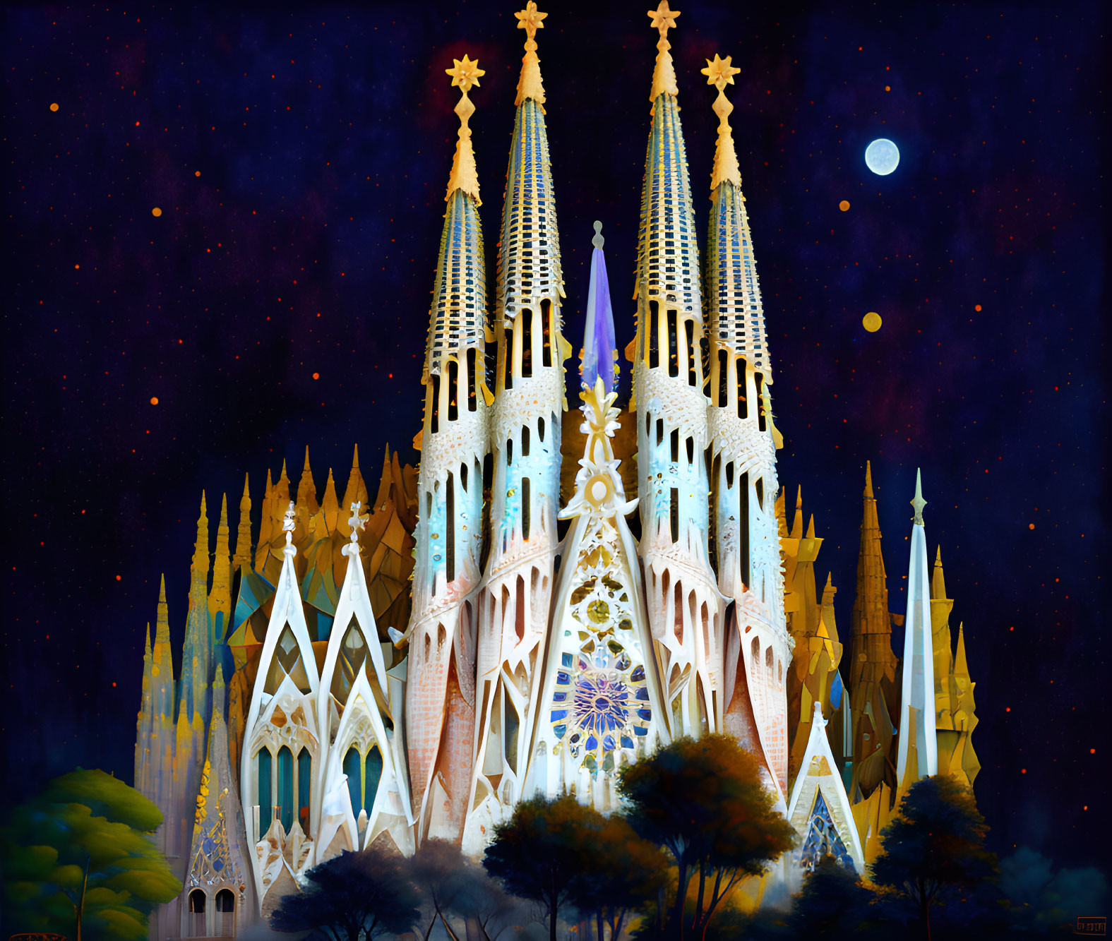 Ornate cathedral spires under starry night sky