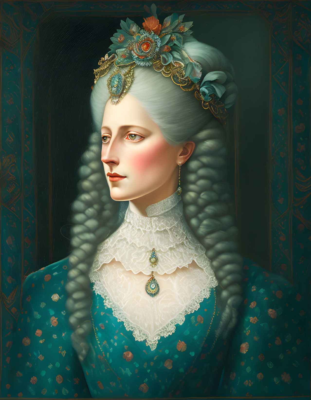 Regal woman portrait in blue dress with jeweled headdress