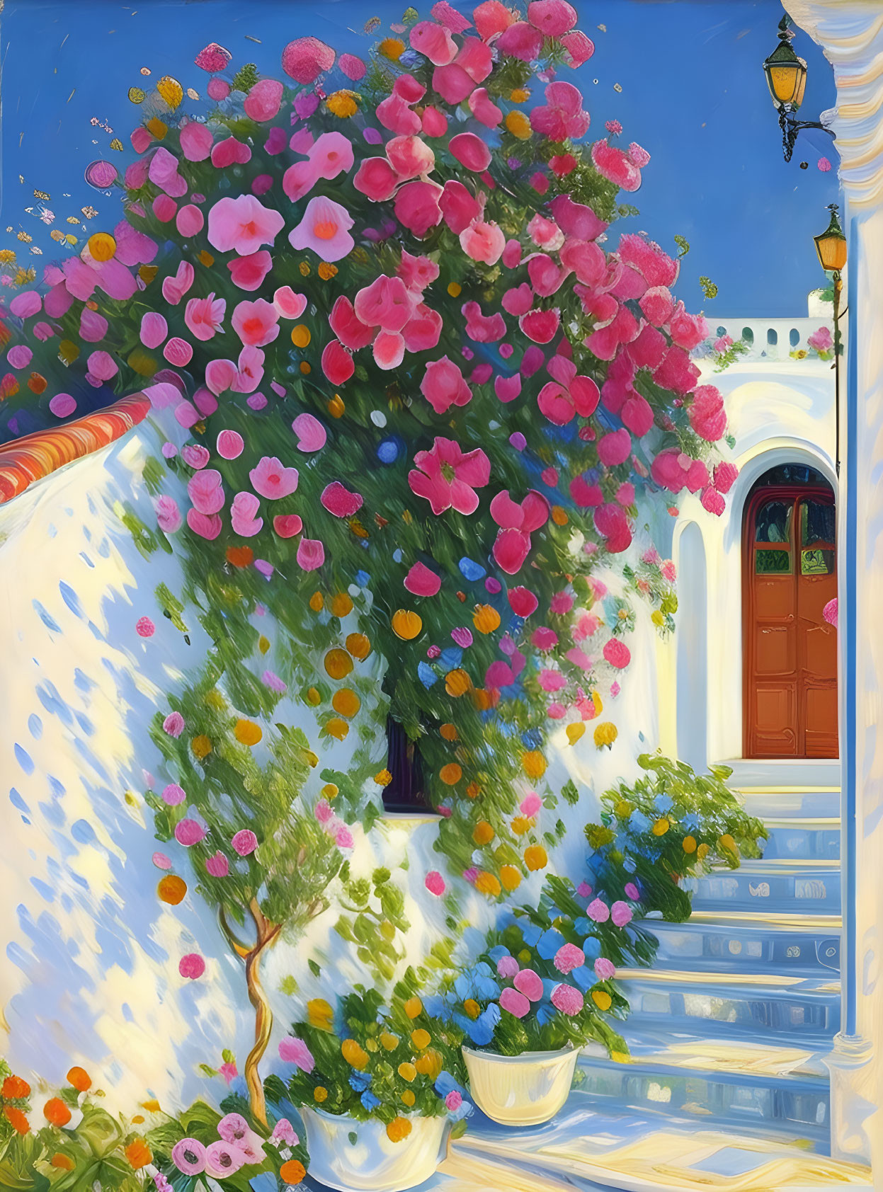 Colorful Mediterranean-style building with blue stairs, red door, and vibrant flowers