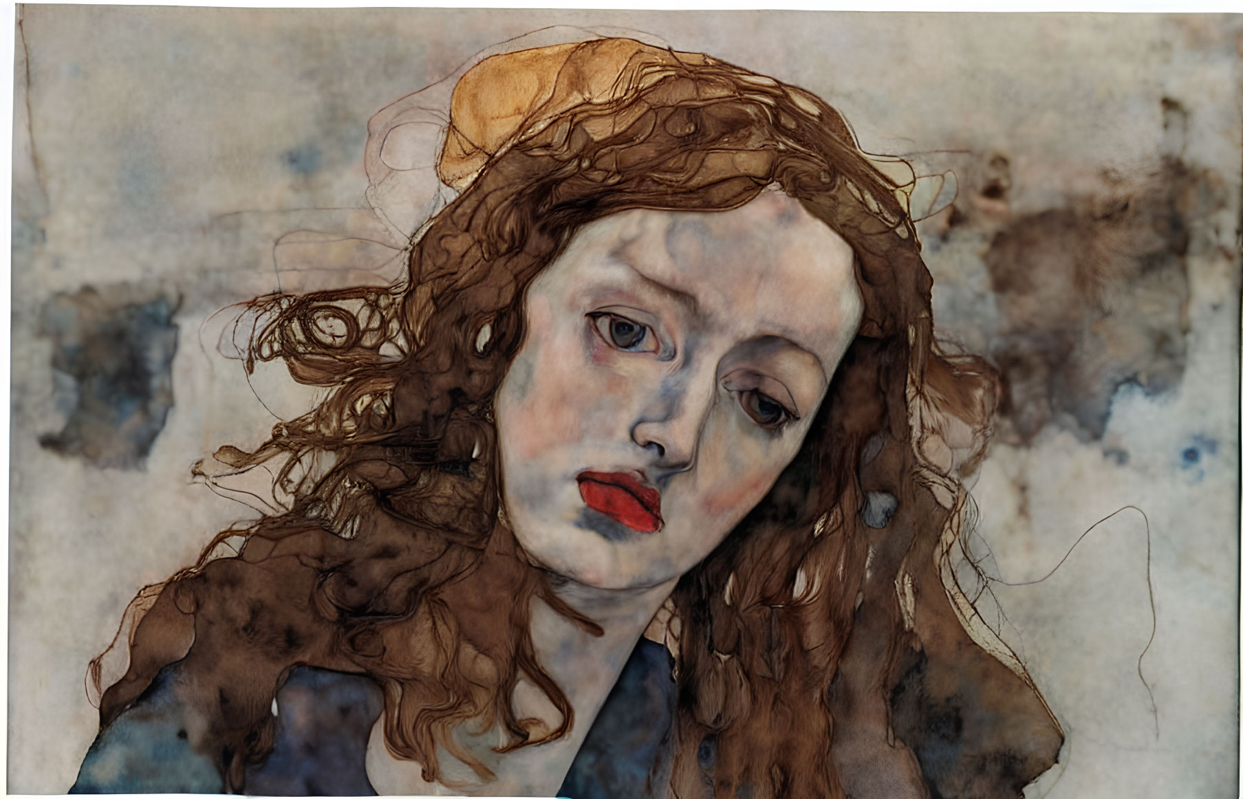 Melancholic woman with flowing curly hair in watercolor painting