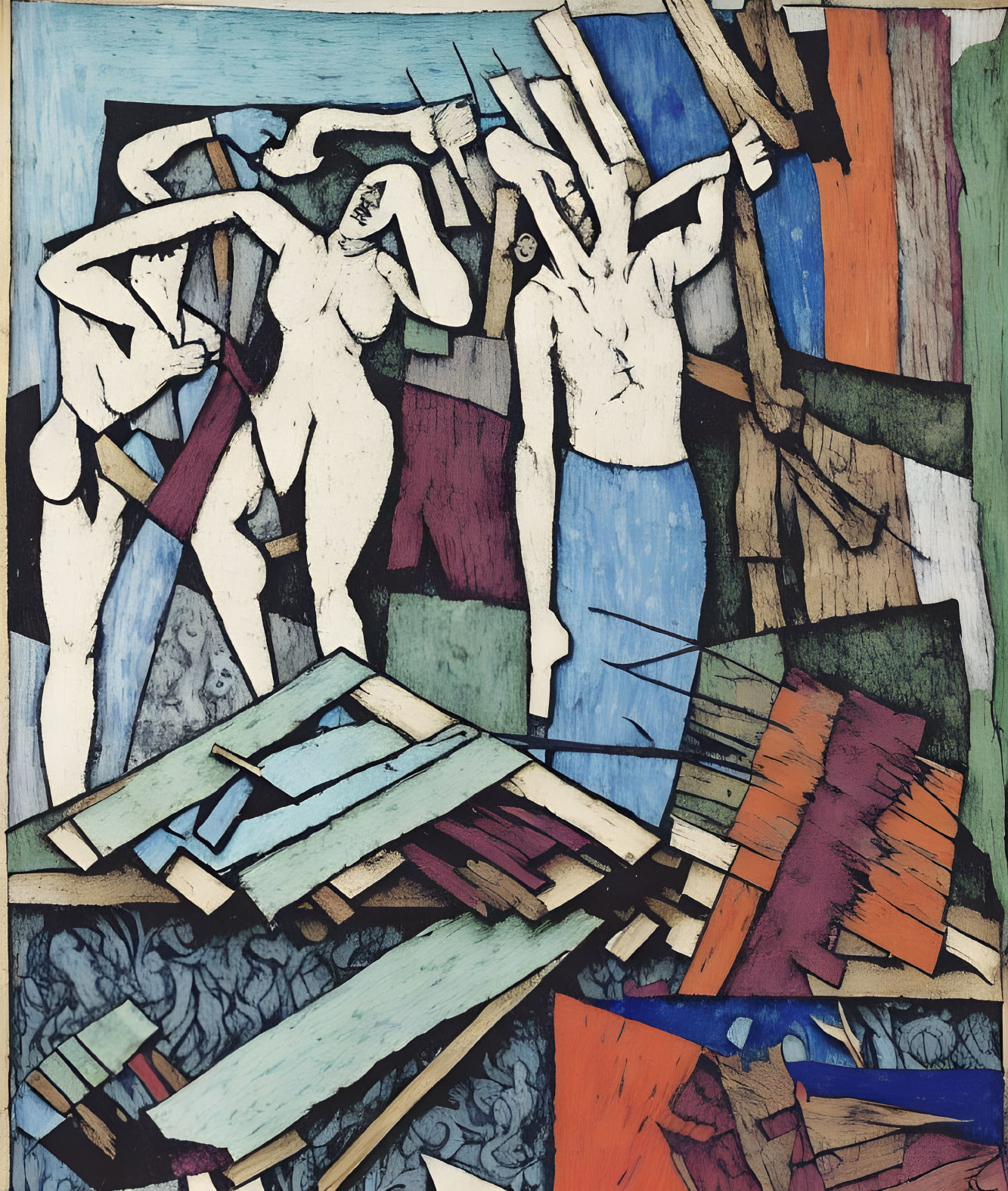 Colorful Cubist Painting with Fragmented Figures & Chaotic Composition