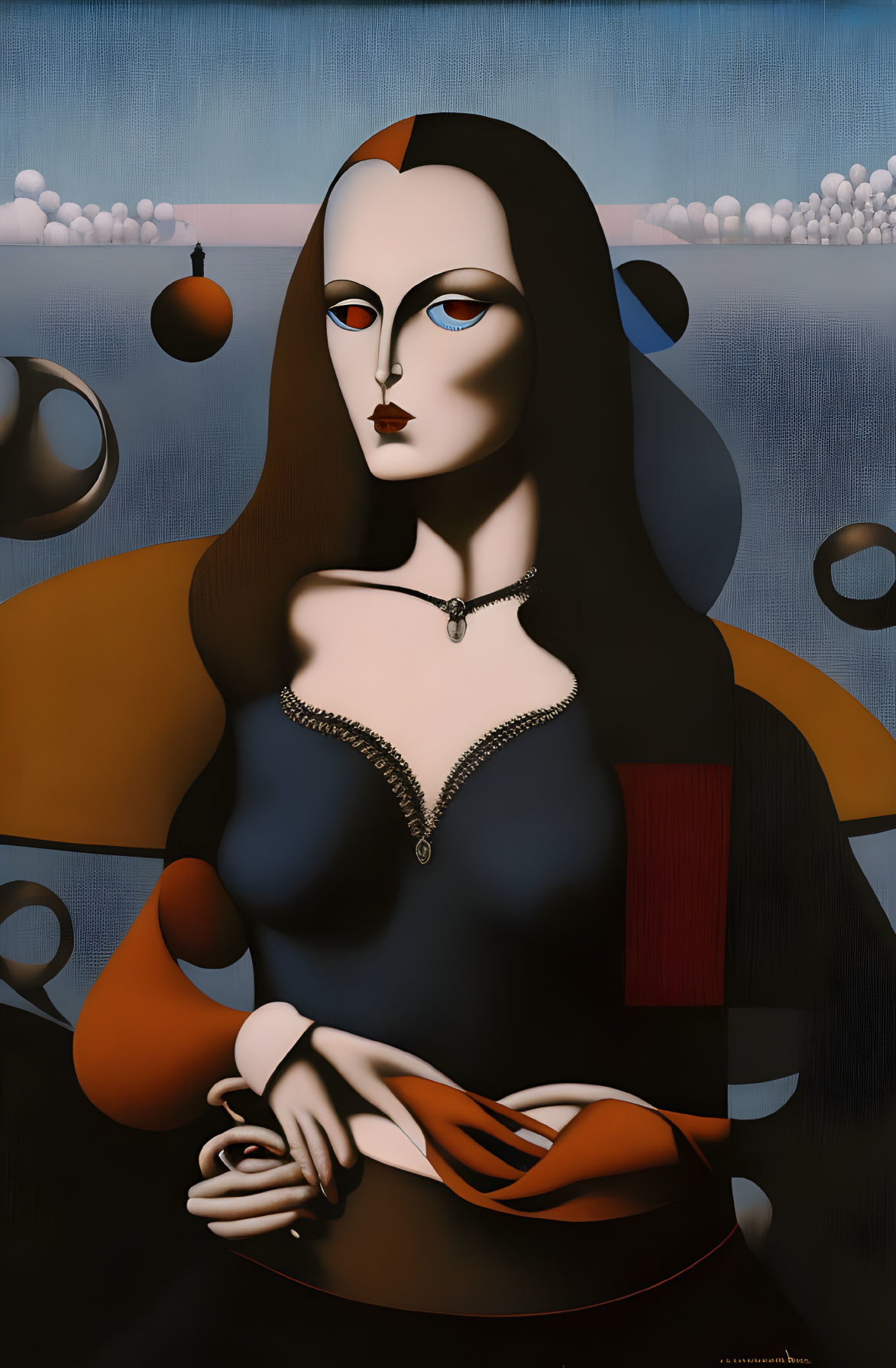 Surrealist portrait of a woman with elongated features and floating orbs