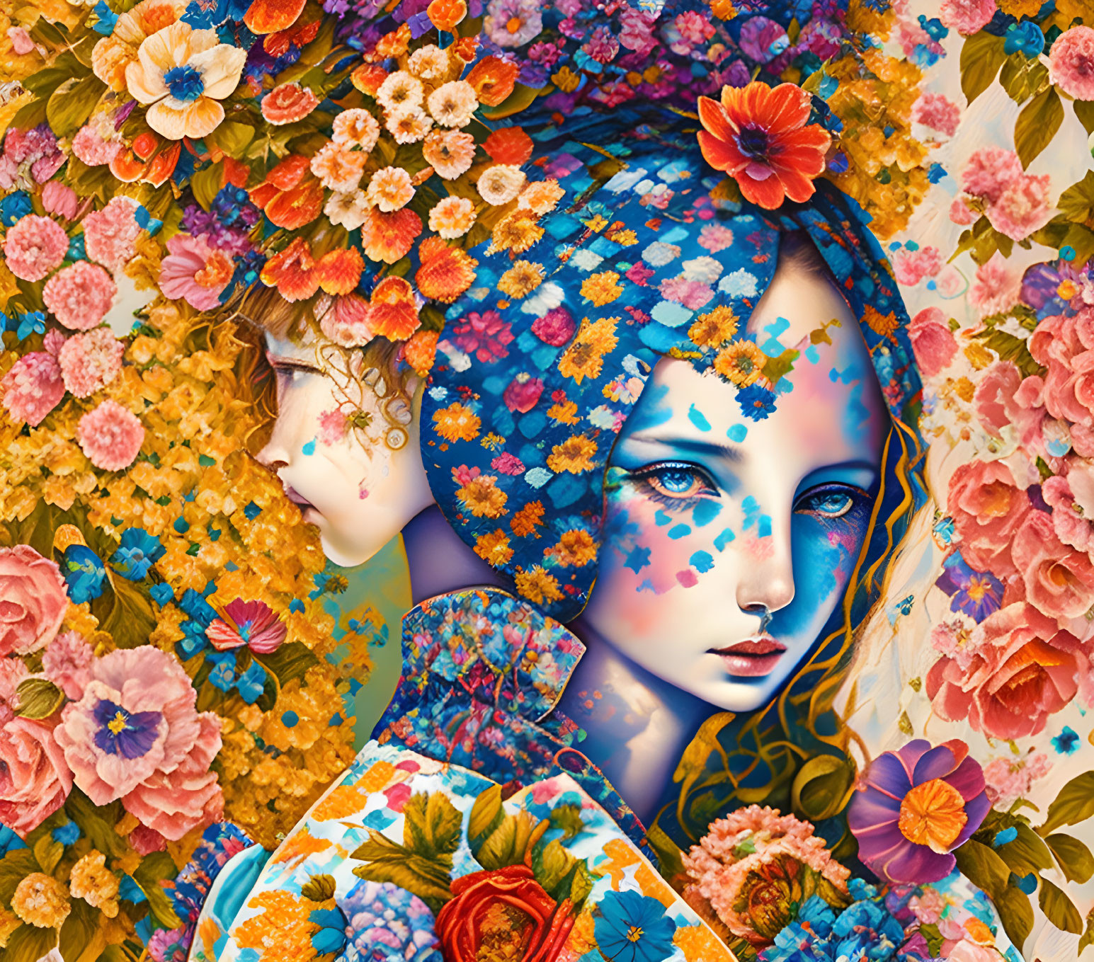 Vibrant floral background with two female figures blending in